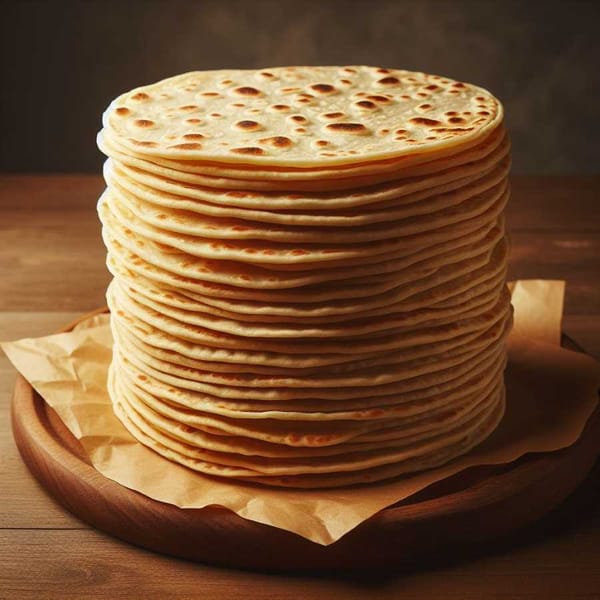 A stack of several round, golden brown tortillas on a wooden table. The tortillas vary slightly in size and shape.