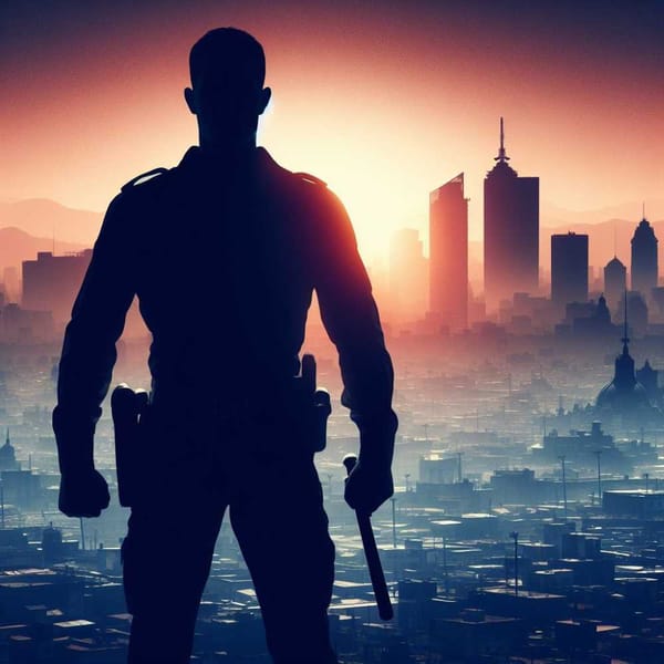 Silhouette of a police officer with a nightstick, standing in front of a city skyline.