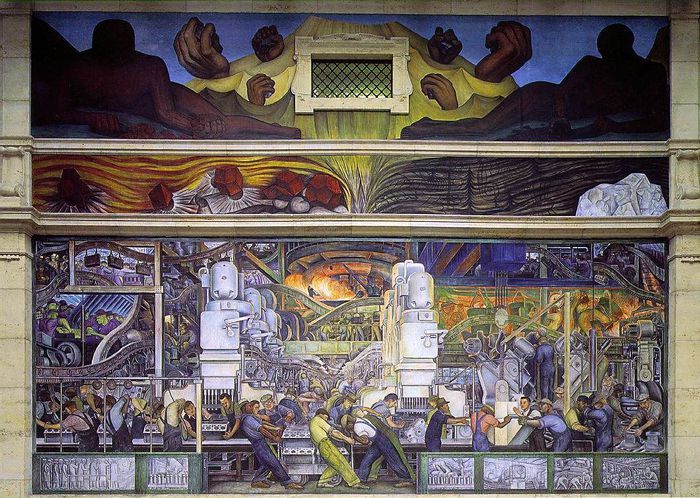 Diego Rivera, Industria de Detroit, 1932-33. Imagen a través de Wikimedia Commons.