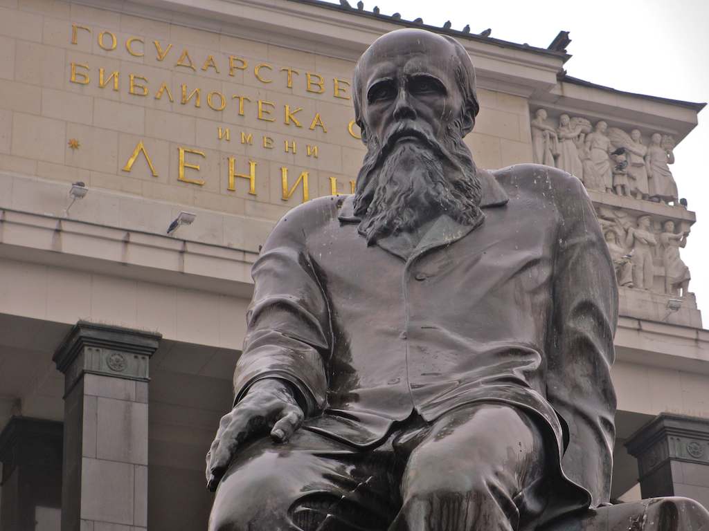 Sculpture of Dostoevsky, at the entrance of the Russian State Library (Moscow).