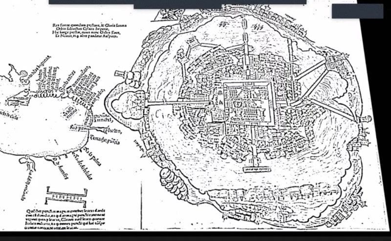 Facsimile of the Cortés map, an early depiction of the ancient city of Tenochtitlan.