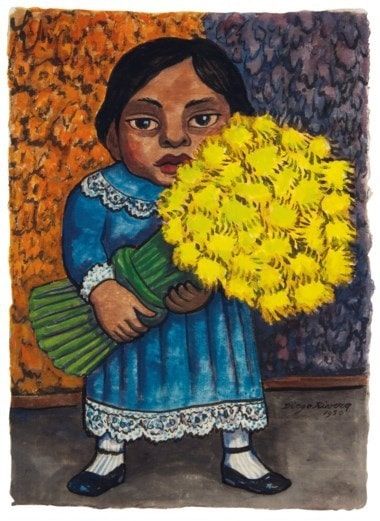 Diego Rivera (1886-1957), Niña con flores amarillas, ejecutado en 1950. 15 ¼ x 11 in (38,7 x 27,9 cm).