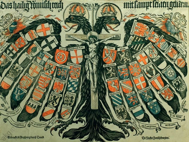 Double-headed eagle in an allegorical representation of the Holy Roman Empire Engraving of 1510 by H Burgkmair.