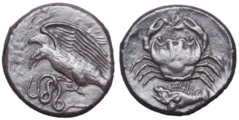 Eagle and serpent, from the reverse of a two-drachma coin of 413-406 BC, from Agrigento (Sicily).