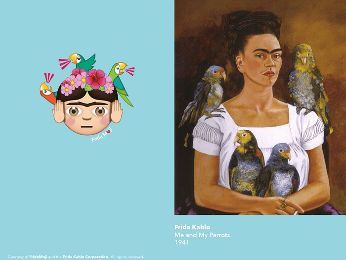 Frida Kahlo animada en Un conjunto de 160 emoji apodados FridaMoji.