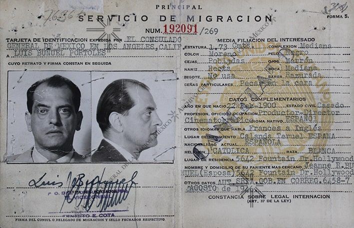 Luis Buñuel Mexico migration card, part with a photo.