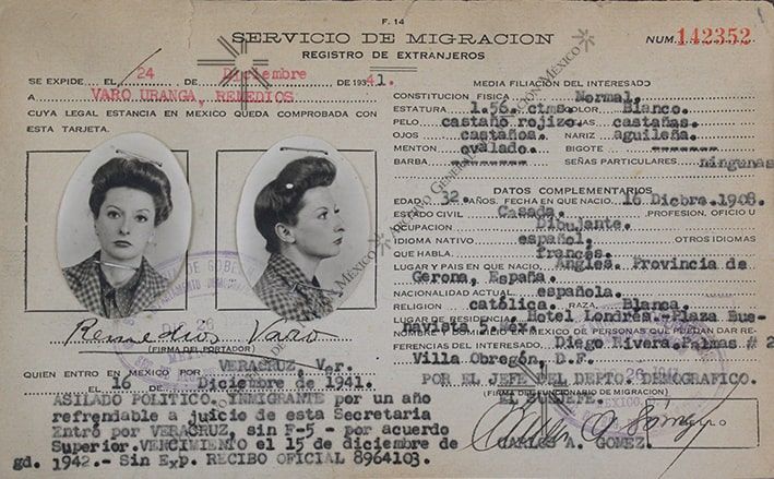 Remedios Varo Mexico migration card, part with a photo.