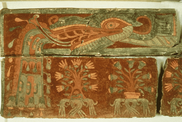 Feathered serpents with flowering bushes and glyphs.