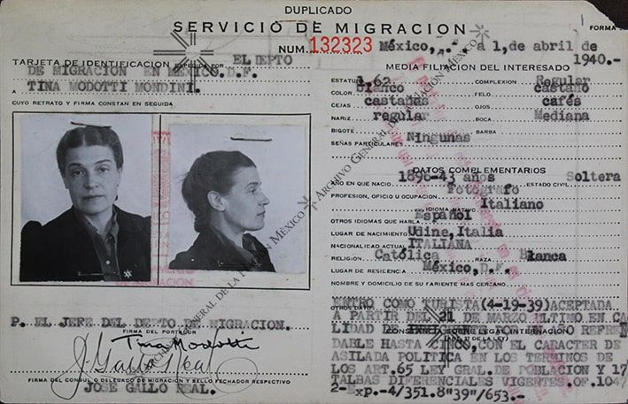 Tina Modotti Mexico migration card, part with a photo.