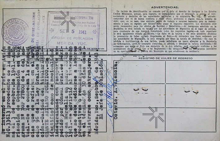 Vladímir Kibálchich Rusakov Mexico migration card, part without a photo.