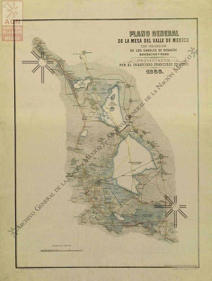 The general plan of the table of the Valley of Mexico with an indication of the drainage, navigation, and irrigation canals (1856).