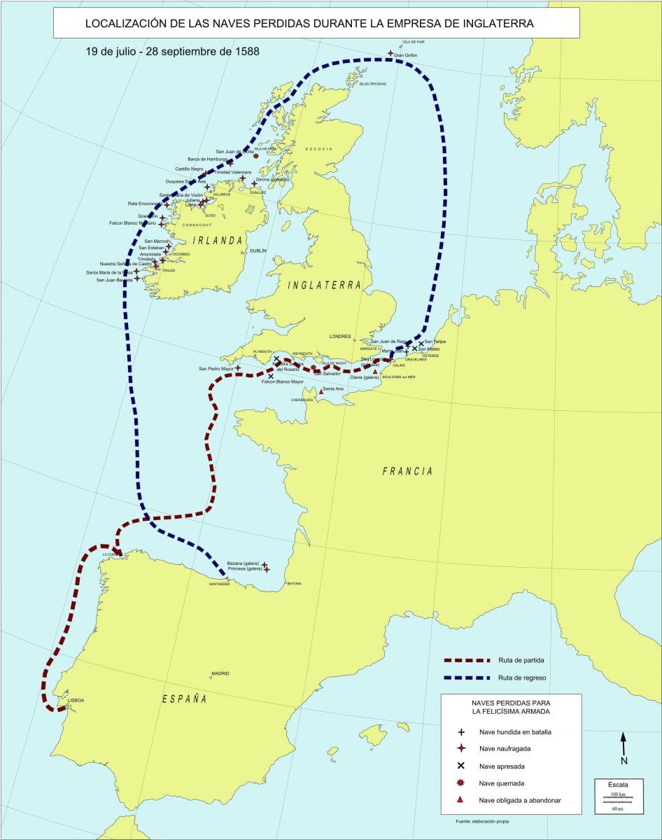 Location of the ships lost during England's venture.