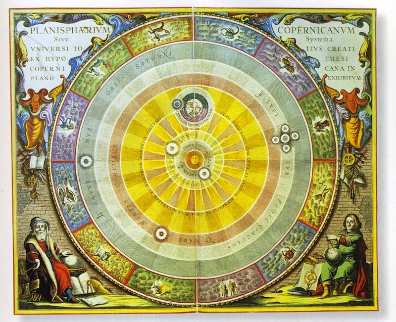 The geocentric model of the universe.