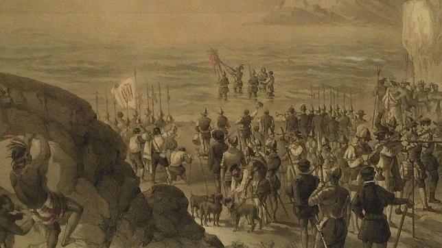 Vasco Núñez de Balboa takes possession of the South Sea, the Pacific Ocean.