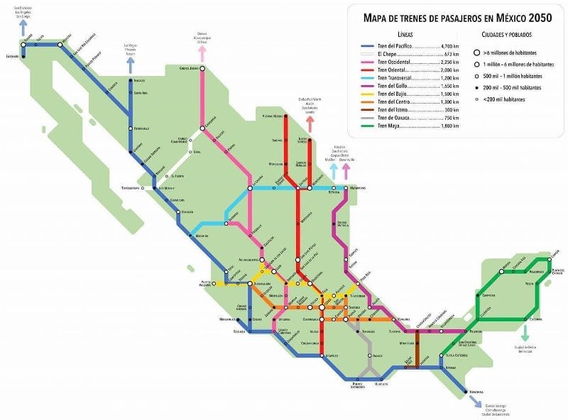 Map of passenger trains in Mexico 2050