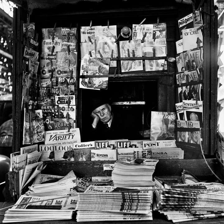 Newspaper stand. New York, 1954. Maier read and kept newspapers compulsively.