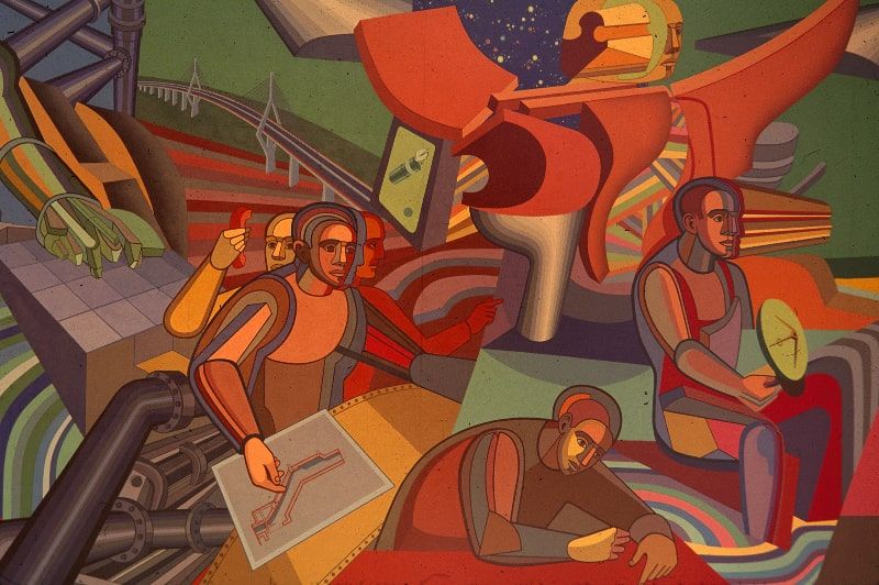Belkin's mural "Inventando el futuro"'reflects much more intense, cheerful colors.
