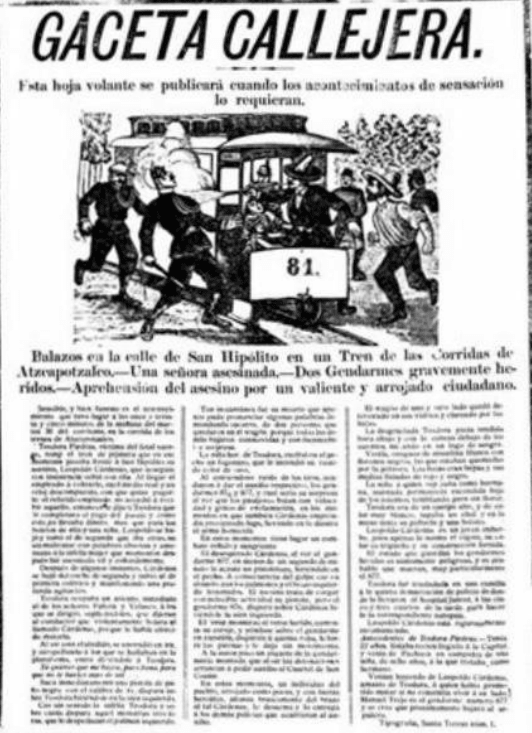 Cover of the Gaceta Callejera of August 1892, in which a Posada drawing illustrates the news of a shooting on a train in Mexico City.