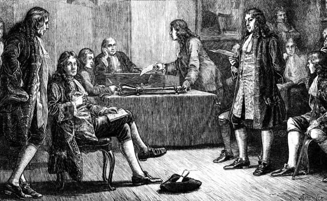 The engraving shows a meeting of the Royal Society in 1703, of which Newton was elected president.