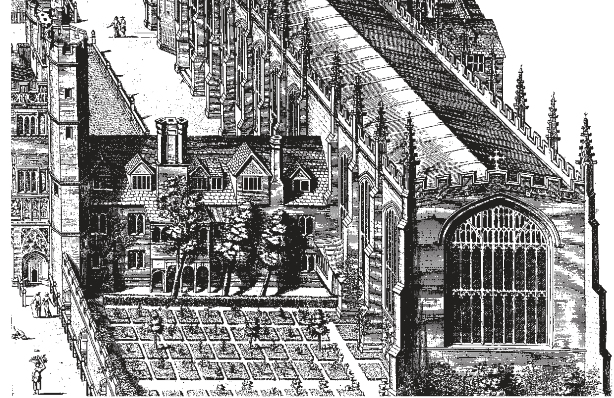 Engraving showing the Trinity College building at Cambridge University.