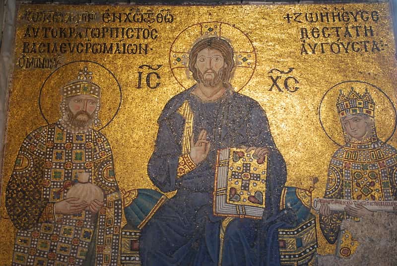 Christ on the throne between Emperor Constantine IX and Empress Zoe, 11th century, Hagia Sophia, Constantinople.
