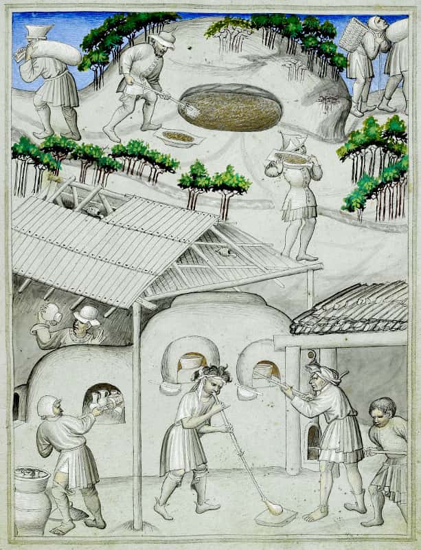 Glassmakers at work. Miniature from Sir John Mandeville's Book of Travels, from Liège, 15th century.