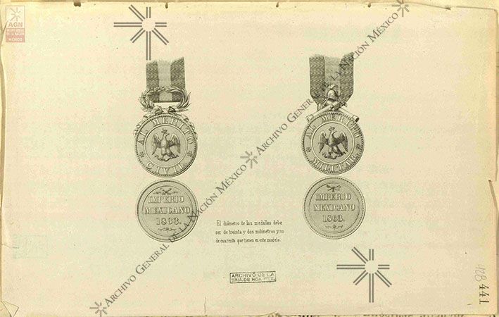 Lithograph of medals for civil and military merit of the Mexican Order of Guadalupe, 1863.