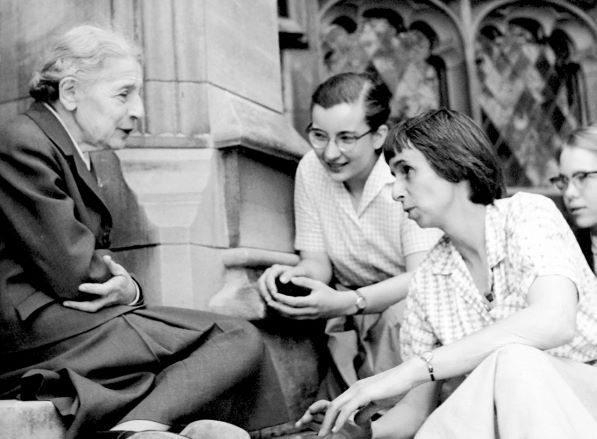 Dr. Lise Meitner with her students on the steps of the Chemistry building at Bryn Mawr College.