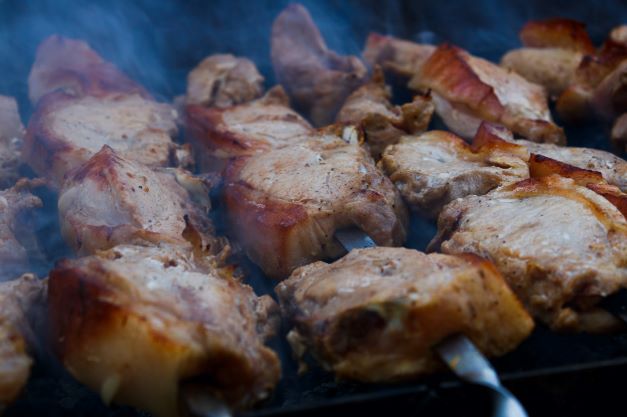 Meat is sliced thinly and then roasted to make shashlik.