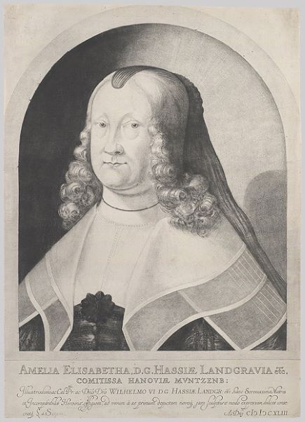 Mezzotint by Ludwig von Siegen of Amelie Elisabeth von Hessen, 1642; considered the first such print.