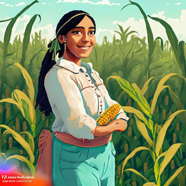 A Mexican farmer displays her harvest with flair in her lush cornfield.