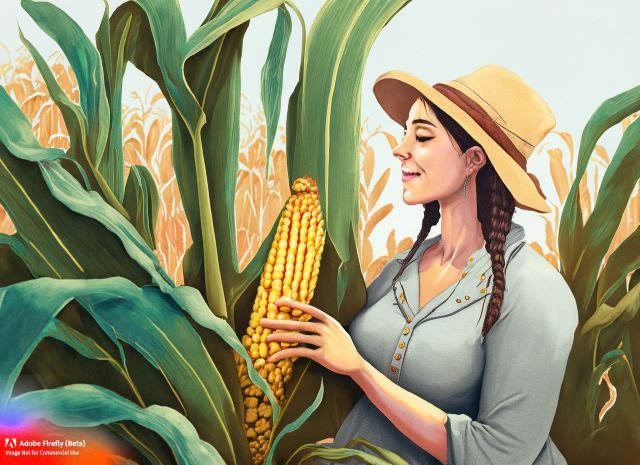 In the field, a woman gently strokes a corn plant.