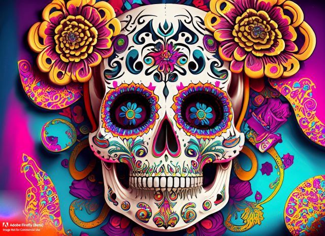 A colorful sugar skull with detailed patterns and bright embellishments.