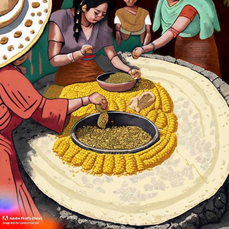 Mexica women prepare maize for tortillas on a metate of volcanic stone, an essential daily task in Tenochtitlán.