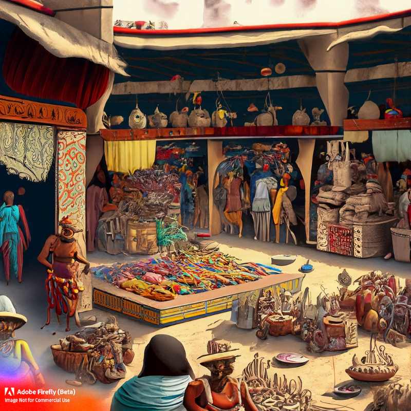 The bustling marketplace of Tenochtitlán, offering a vast array of merchandise from all over the world.