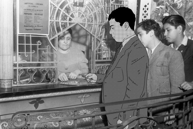 Edited photograph of men buying tickets in an old cinema ticket booth.