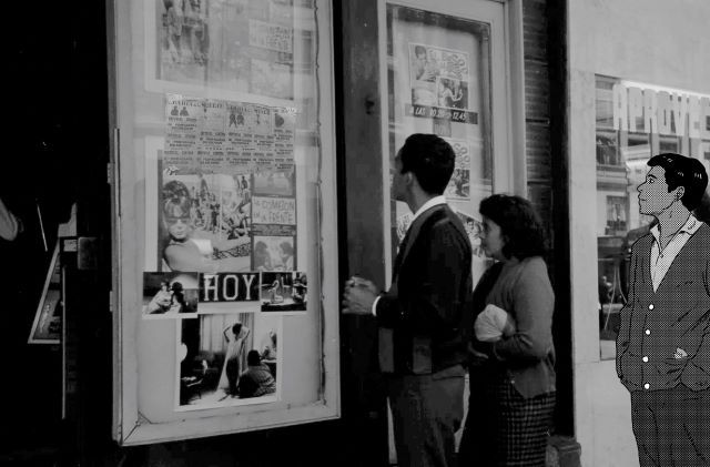Edited photograph of a couple in front of an old cinema ticket booth.