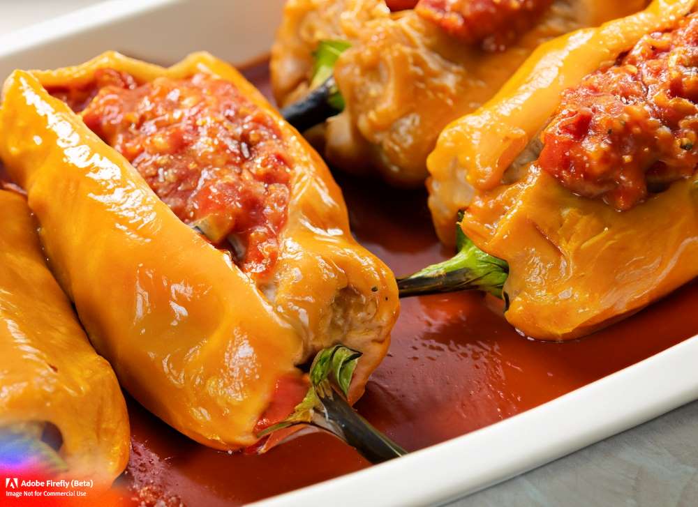 A close-up of golden-brown stuffed chiles with tomato sauce: Enjoy the crispy texture of fried chiles.