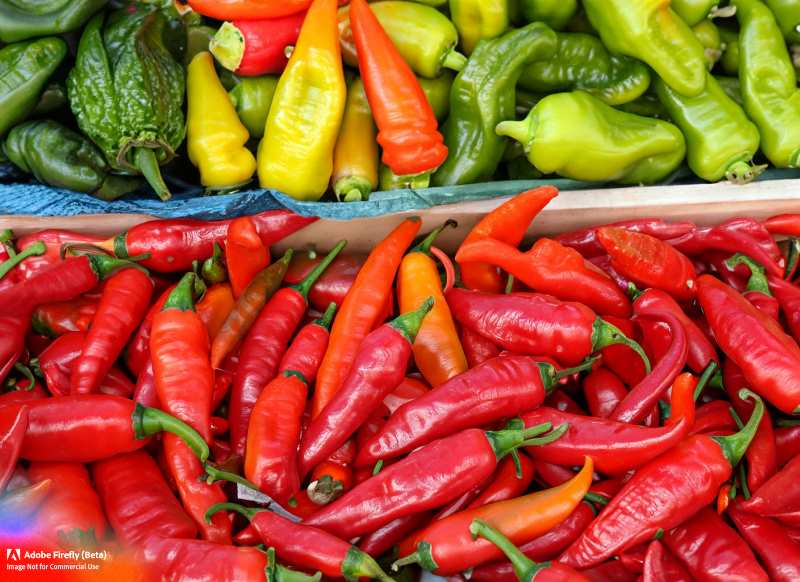 A colorful array of chili peppers, including jalapeños, poblanos, and habaneros, at a Mexican market.