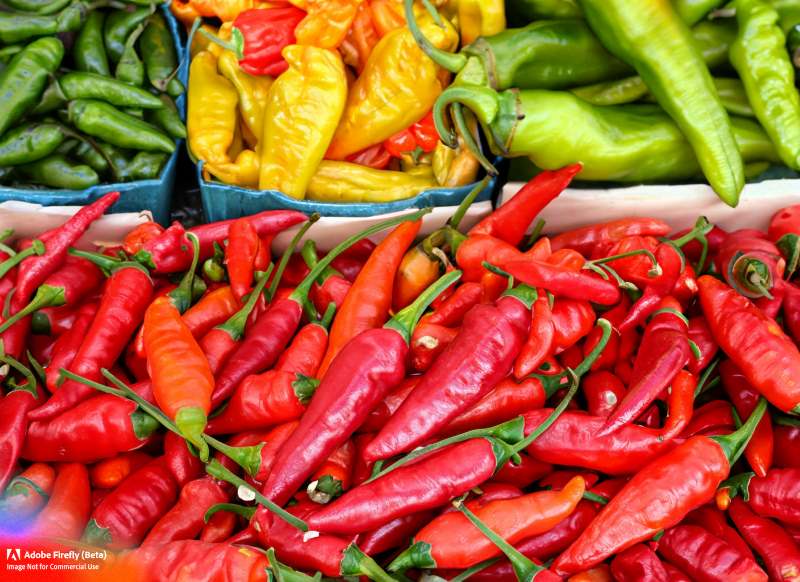 A colorful assortment of fresh chili peppers at a Mexican market.