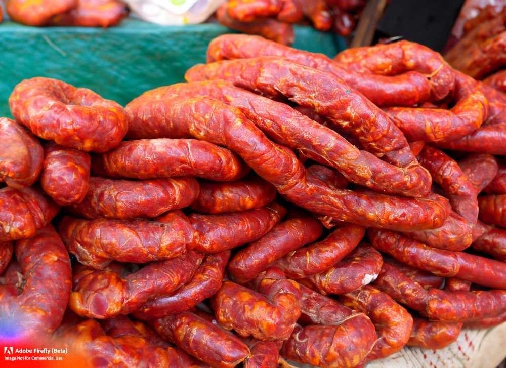 A pile of bright red chorizo toluqueño on display in a market in Toluca, Mexico.