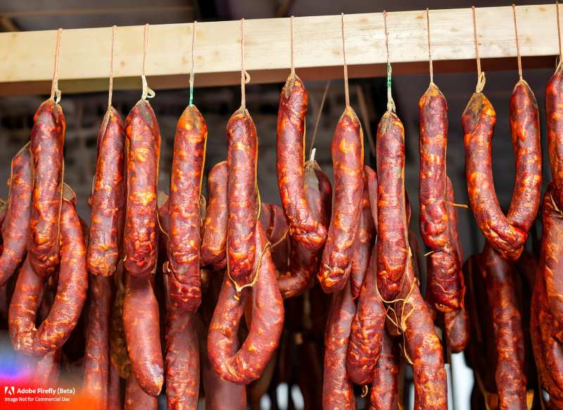 Artisanal chorizo hanging to dry, made using traditional techniques passed down through generations.