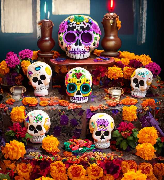 he mesmerizing display of a Day of the Dead altar, adorned with marigolds and sugar skulls.