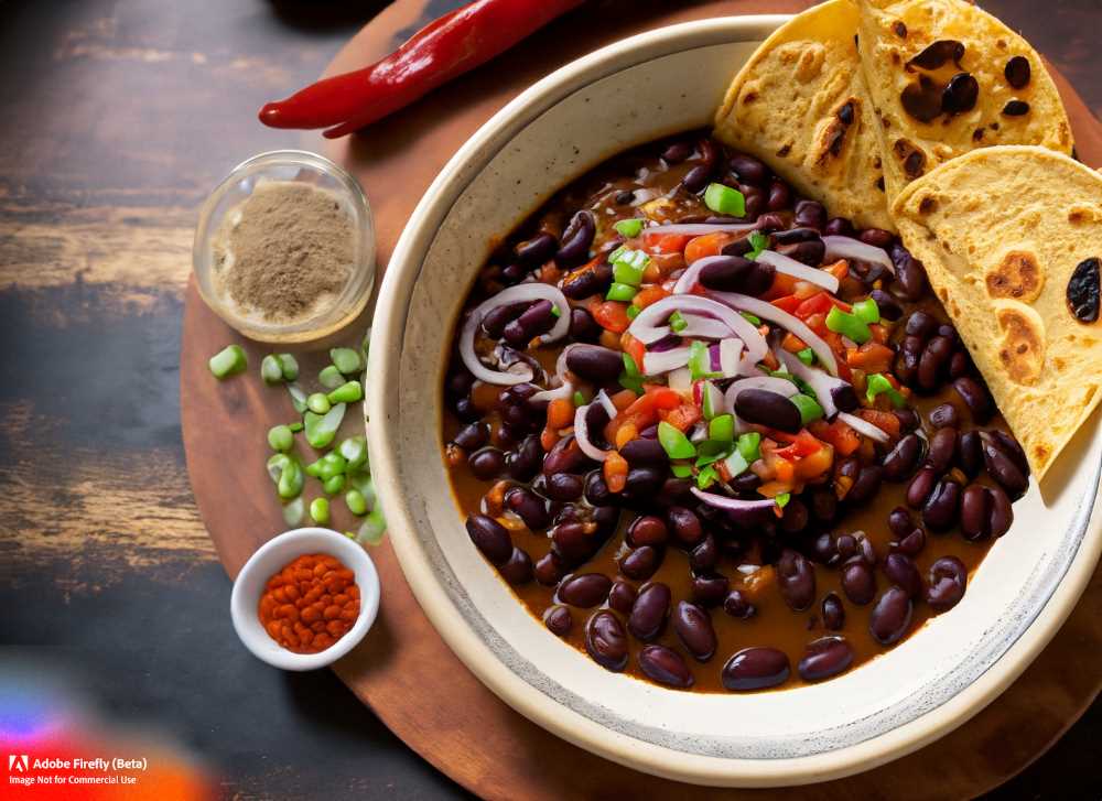 A bowl of warm black beans served with fresh tortillas and toppings like chopped onions and green chili.