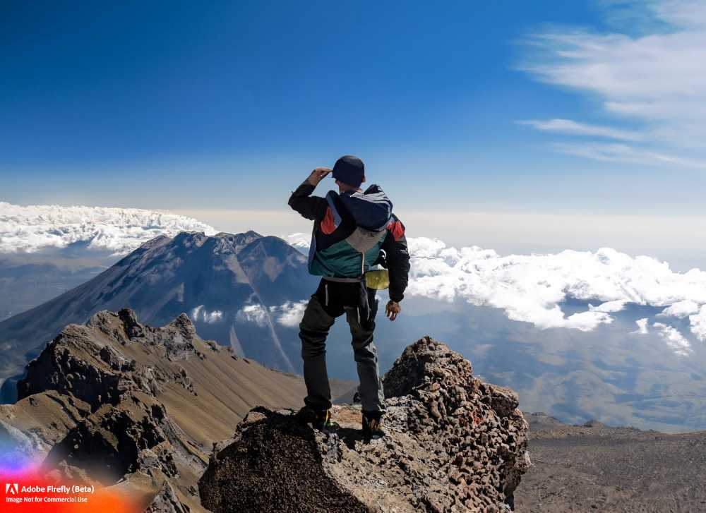 A climber enjoys the stunning views from the summit of Iztaccihuatl.