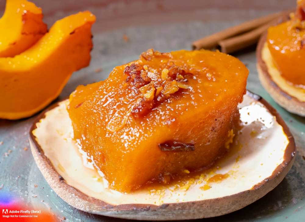 A close-up of "calabaza en tacha," a traditional Mexican dessert made with caramelized pumpkin.