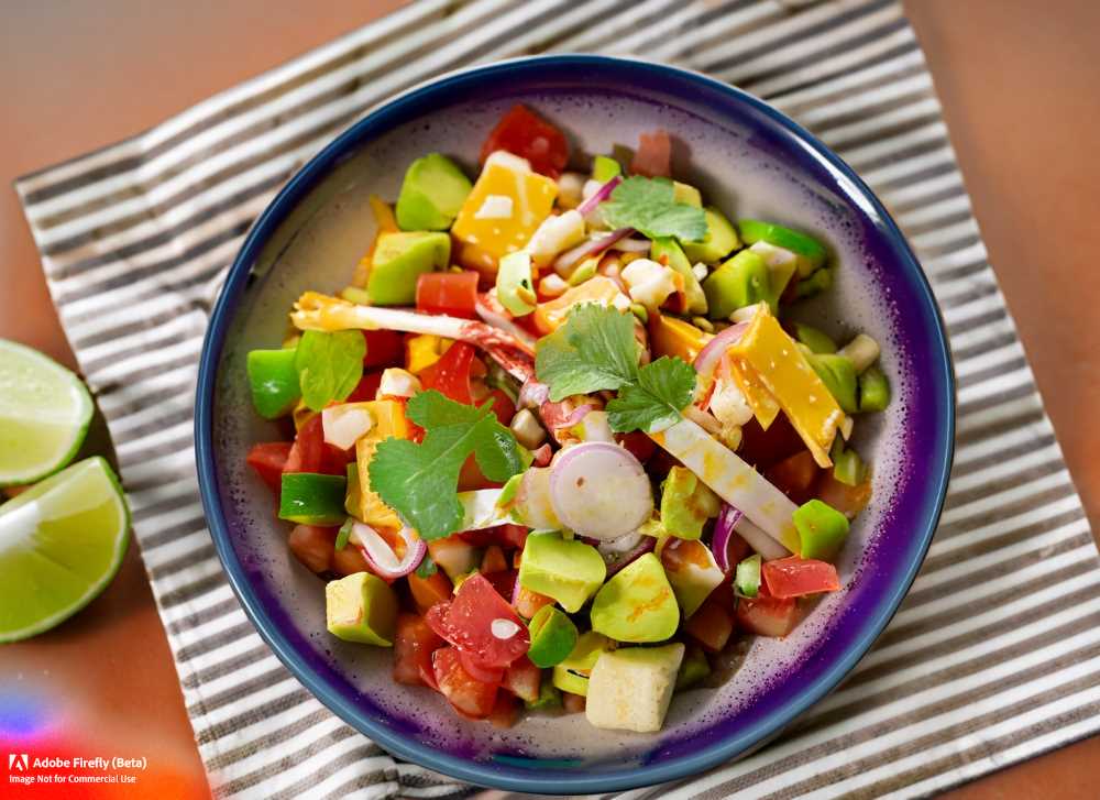 A colorful and flavorful Mexican salad featuring jicama, tomatillo, and guava.