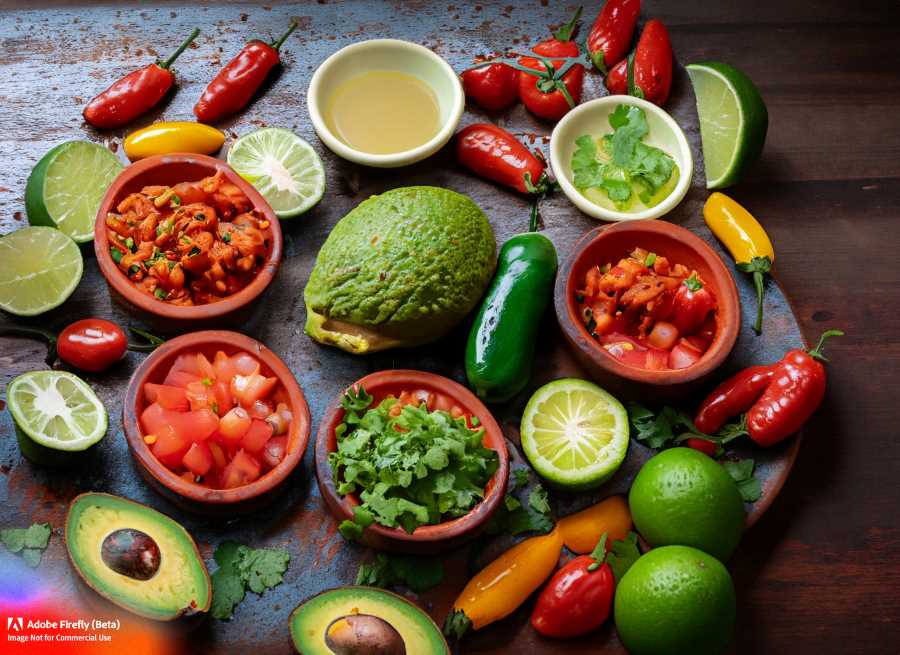 A colorful spread of traditional Mexican ingredients, including fresh tomatoes, avocados, cilantro, and lime.