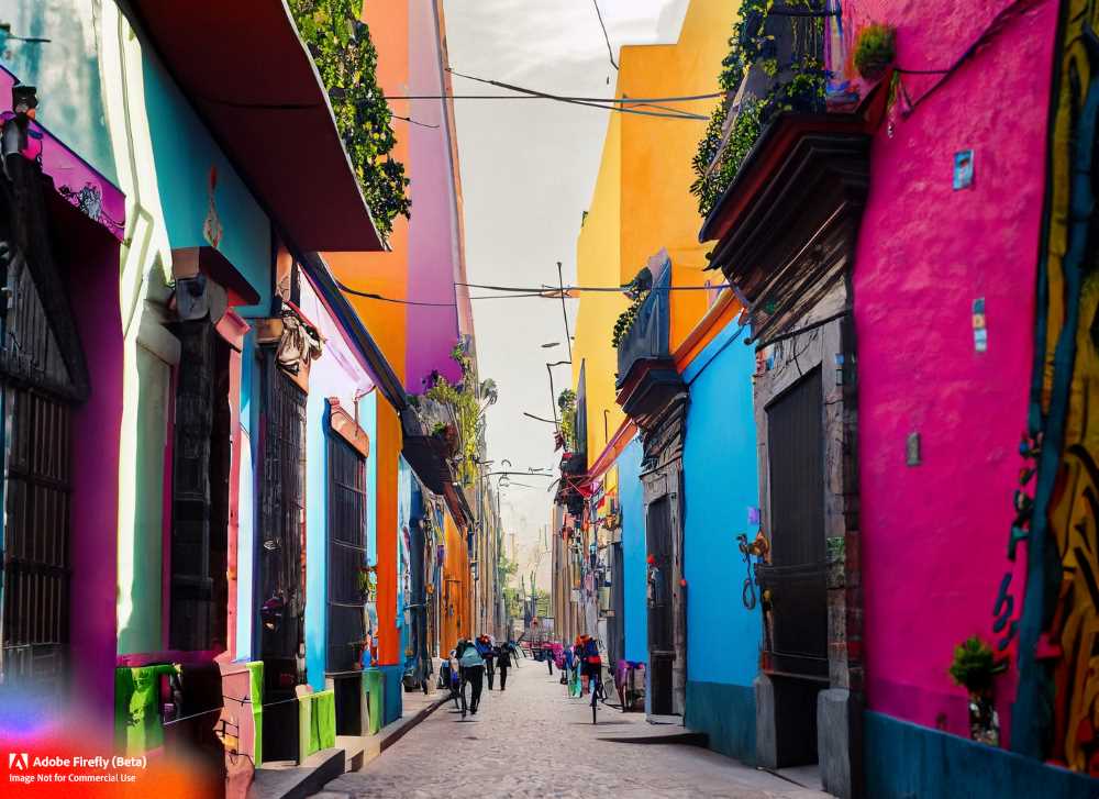 A colorful street in Mexico City, showcasing the vibrant culture and history of Mexico.