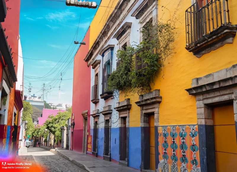 A colorful street in Puebla, Mexico, known for its beautiful colonial architecture and traditional tiles.